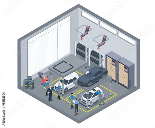 An isometric depiction of a busy auto workshop with people and vehicles, shown on a clean indoor background, representing service, teamwork, and maintenance. Hand-drawn vector illustration