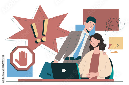 An office scene showing a man leaning over a concerned woman at her desk, in flat style, set on simple shapes background, illustrating workplace harassment concept. Hand-drawn vector illustration