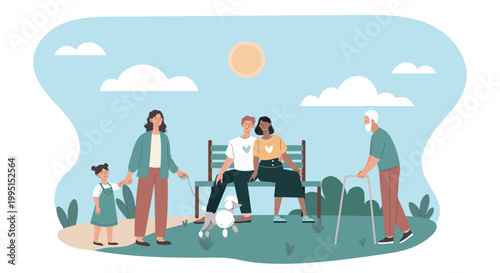 Various people of different ages spending time outdoors in a flat graphic style on a bright sky background, expressing togetherness and community. Hand-drawn vector illustration