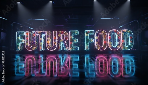 Bright Neon Future Food Sign in Dark Studio