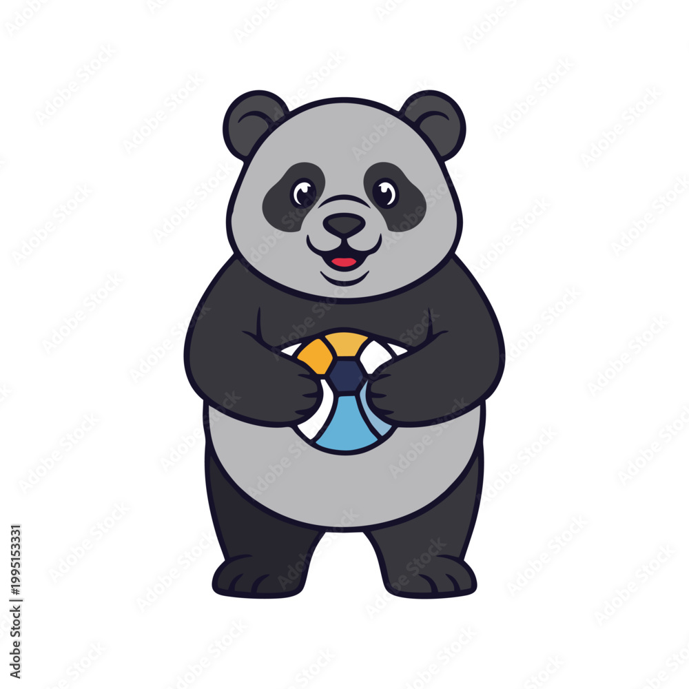 Fototapeta premium Cute panda mascot holding soccer ball in flat cartoon style, isolated on white background, vector illustration