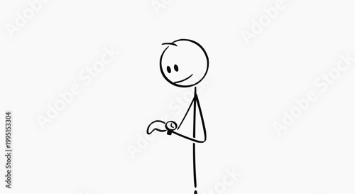 A simplistic stick figure observing his wrist watch, as if waiting or checking the time. A minimalist character expression the value of time.