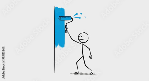 A simple stick figure painting a blue wall using a roller, capturing the essence of home improvement and creativity
