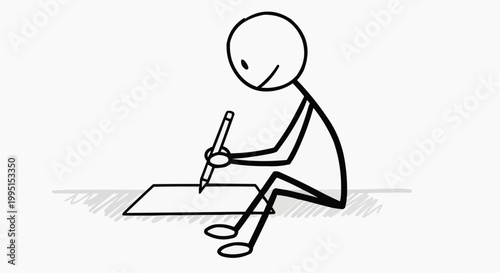 A stick figure concentrating on writing, pen in hand and a paper in front 