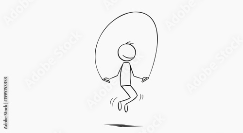 A stick figure happily jumping rope in mid-air, a picture of pure joy and simple exercise. This hand-drawn illustration captures the essence of childhood fun and healthy living.
