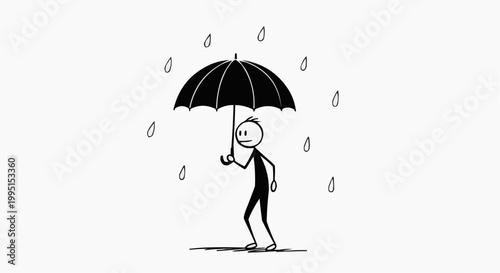 A stick figure person holding an umbrella in the rain