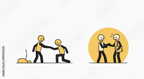 Two groups of stick figures: one assisting another, and the other giving a friendly greeting, conveying cooperation and friendship.