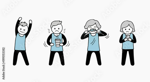 A sequence of simple figures showing different states of mind and moods. Each figure portrays a unique emotion and expression. 