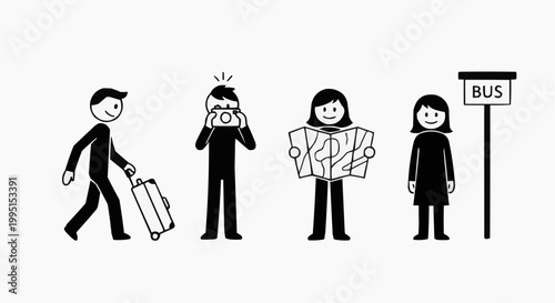 Cartoon illustration depicting a group of four people travelling, with one person pulling a suitcase, another taking a photo, and the others looking at a map, and waiting for the bus