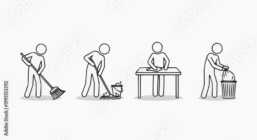 Simple Line Drawings of cleaning process: sweeping, mopping, tidying, and discarding garbage