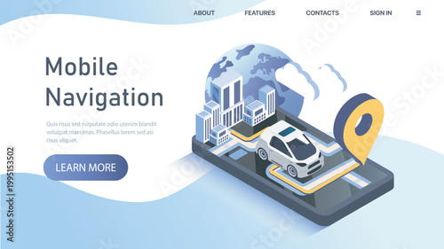 A car on a smartphone map with buildings and a location pin in an isometric style on a light background, illustrating modern navigation and travel concepts. Hand-drawn vector illustration