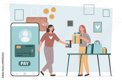 Two women using mobile contactless payment while exchanging a gift in a flat hand-drawn vector illustration style on a light indoor background, showing modern shopping concept