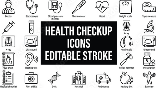 A set of health checkup icons with editable stroke for medical and healthcare designs