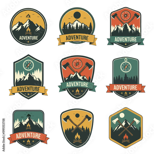 Bild auf Leinwand Adventure Mountain Camp Badges Set: Camping, Hiking, Nature Exploration Icons