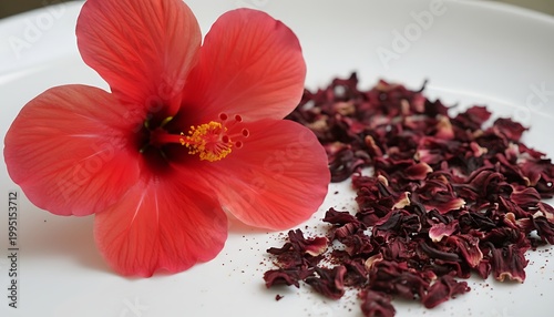 Bright Red Hibiscus Flower with Dried Petals on White Plate