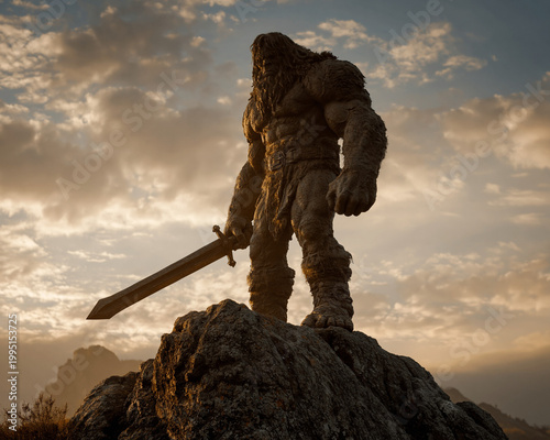 Epic portrayal of a colossal biblical giant, a primitive warrior with long hair and fur, standing on a mountain peak during golden hour