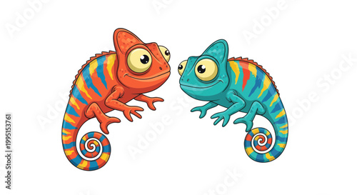 Cute cartoon chameleons, orange and blue, with colorful stripes, isolated on white background