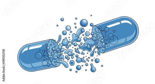 Exploding Blue Capsule Releasing Liquid Splashes and Bubbles Isolated