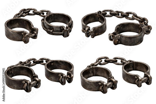 Set of four antique rusted metal shackles with chains on a transparent background, symbolizing imprisonment and restriction