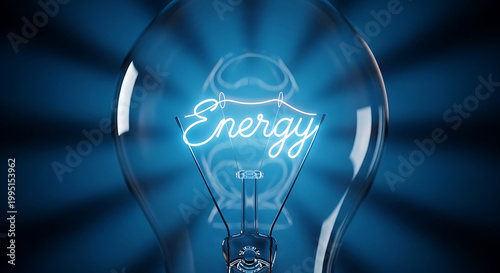Glowing blue energy light bulb concept with neon inscription on dark futuristic background