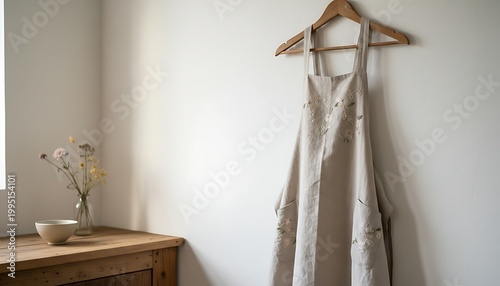 Neutral Apron Hanging on Wooden Hook in Minimal Kitchen