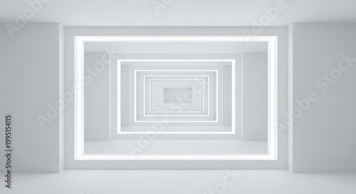 Minimalist white 3D optical illusion frame with concentric geometric pattern on gray wall