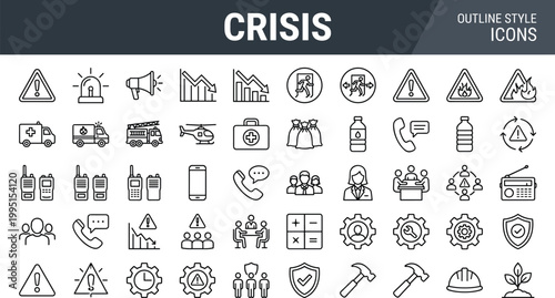 Crisis icons in outline style for emergency and disaster response situations