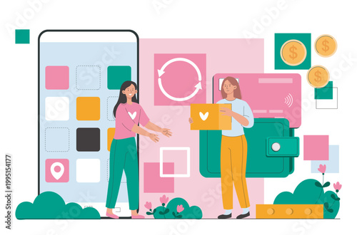 Hand-drawn vector illustration of two people sharing a box beside a large smartphone and wallet in flat style on a bright abstract background, showing donation and finance concept