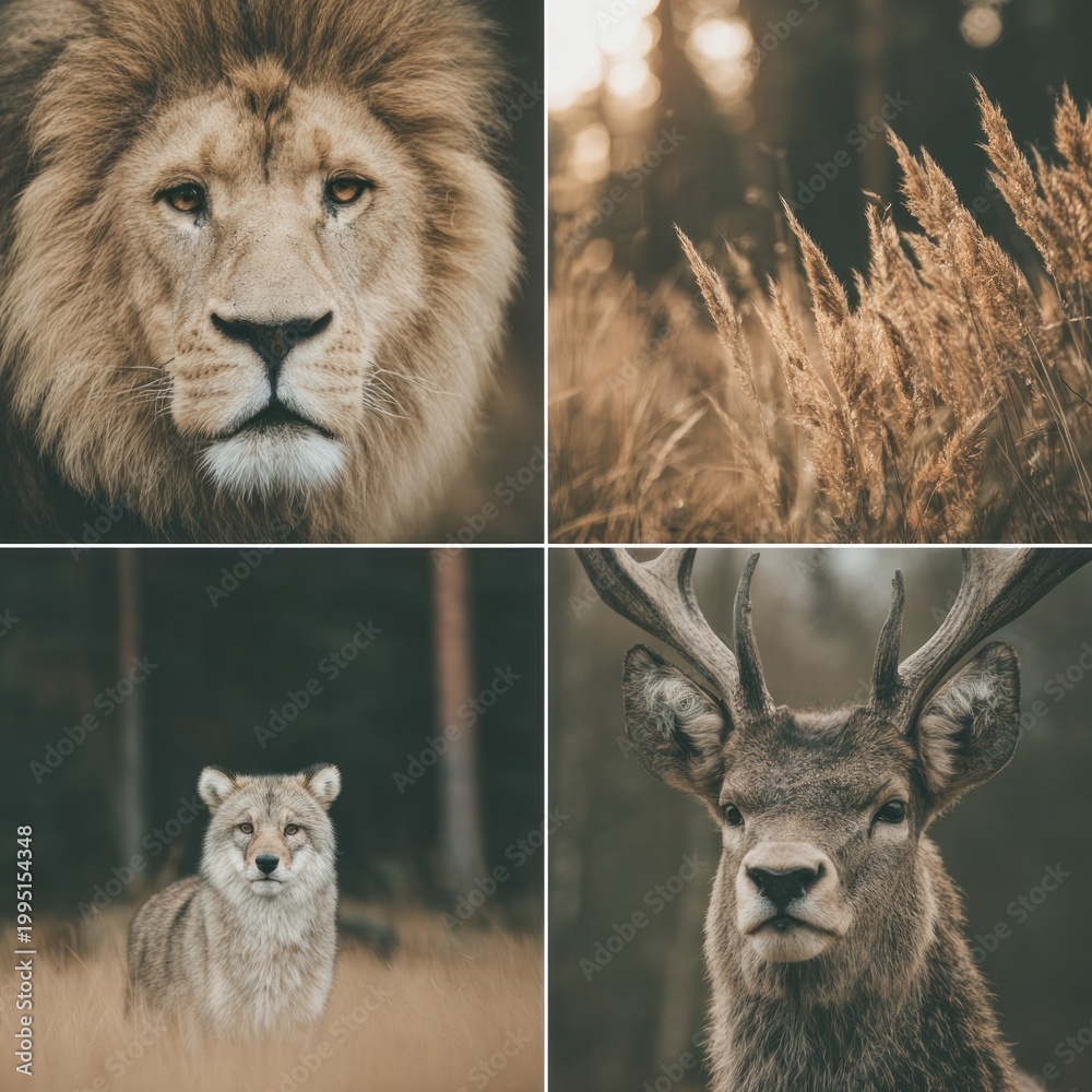 Fototapeta premium Wild Animal Portraits: Lion, Deer, and Fox in Natural Settings
