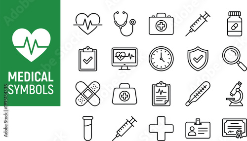 Collection of various medical symbols and icons in line art style
