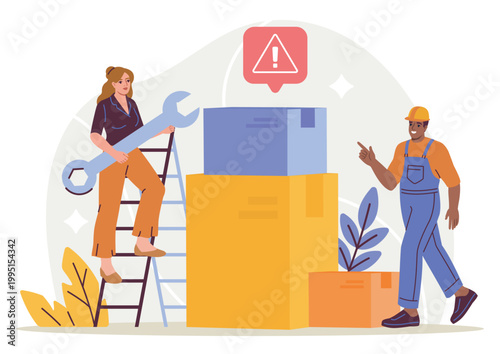 Two workers with tools and stacked boxes in a flat style on a light backdrop illustrating a workplace safety alert concept scene display. Hand-drawn vector illustration