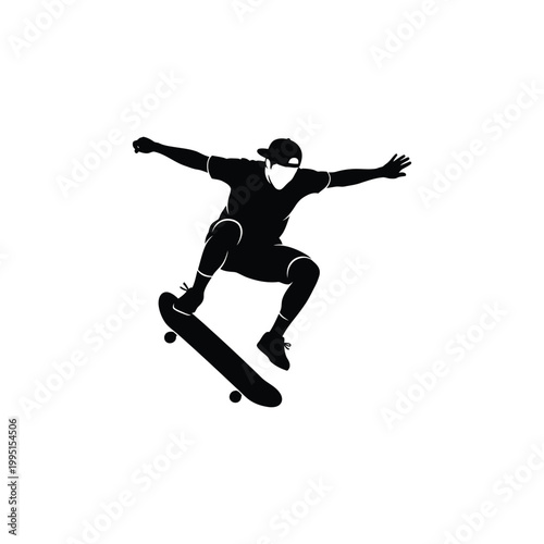 Man skateboards perform trick on ramp in skate park outdoors