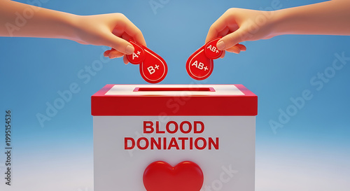 Hands placing AB positive blood type donation buttons into red heart-shaped blood donation box on blue background