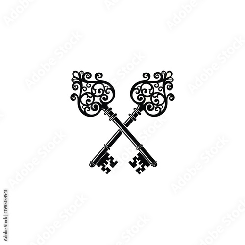 Two ornate keys are crossed on a plain white background