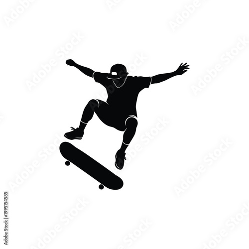 Skateboarder performs aerial trick on skateboard in mid air with arms outstretched