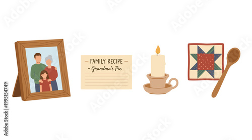 Family tradition items: photo, recipe, candle, quilt, spoon
