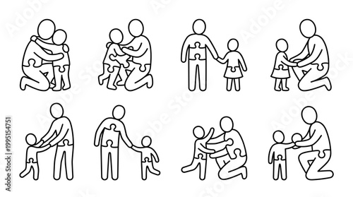 Parent and child figures forming puzzle pieces, diverse interactions