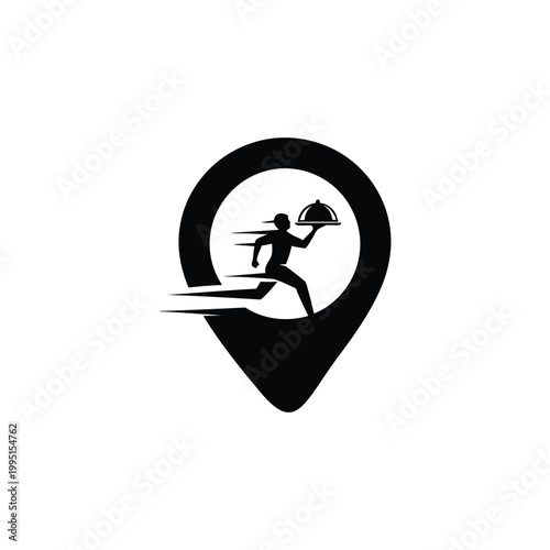 Runner carrying bag runs quickly through location marker icon