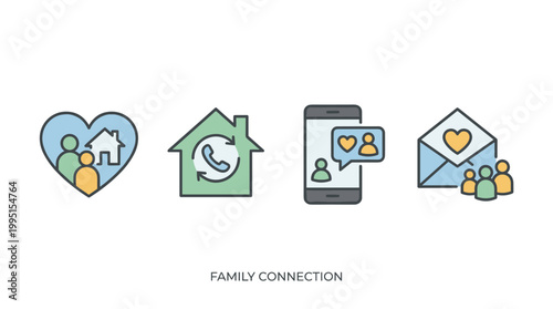 Set of family connection icons: heart, home, phone, message