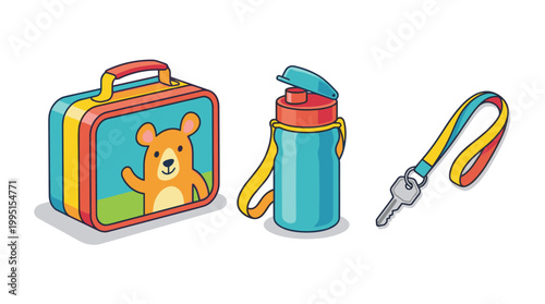 Child's lunchbox, water bottle, and key on a lanyard