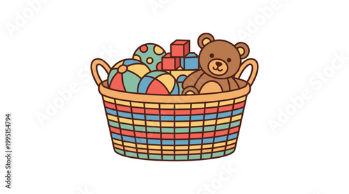 Woven basket filled with colorful toys and teddy bear