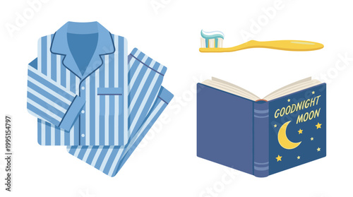 Bedtime routine items: pajamas, toothbrush, and book