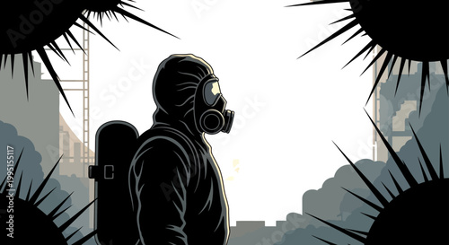 person in a gas mask and hazmat suit observing a polluted industrial wasteland symbolizing environmental disaster and post apocalyptic themes.