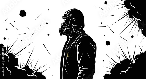 person in a hazmat suit and gas mask stands amidst explosions in black and white symbolizing danger crisis and environmental hazard.