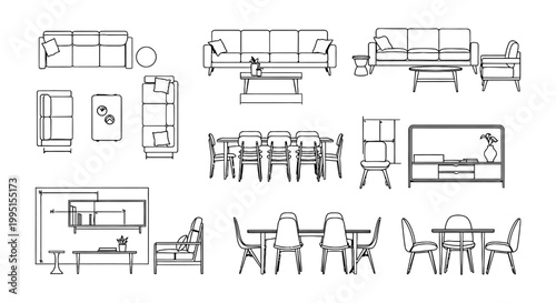architectural line drawings of modern living room furniture for interior design floor plans