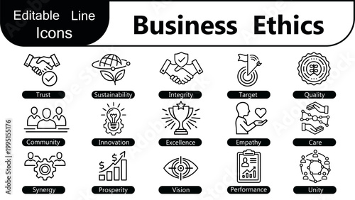 Business Ethics editable line icon set. Compliance, moral values, transparency, accountability, code of conduct, trust, leadership, principles, professional, culture symbols. Vector illustration