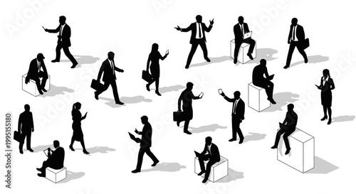 black and white silhouettes of business people using mobile phones and laptops