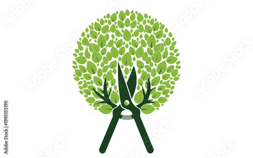 Artistic representation of garden shears cutting a lush rounded green bush or shrub