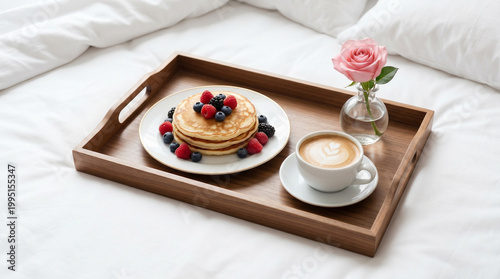 Breakfast in bed tray with pancakes, coffee, and a pink rose on a white duvet. A romantic and cozy surprise for Mother's Day or an anniversary.