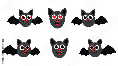Six cartoon bat faces with colorful details for halloween decorations and spooky designs